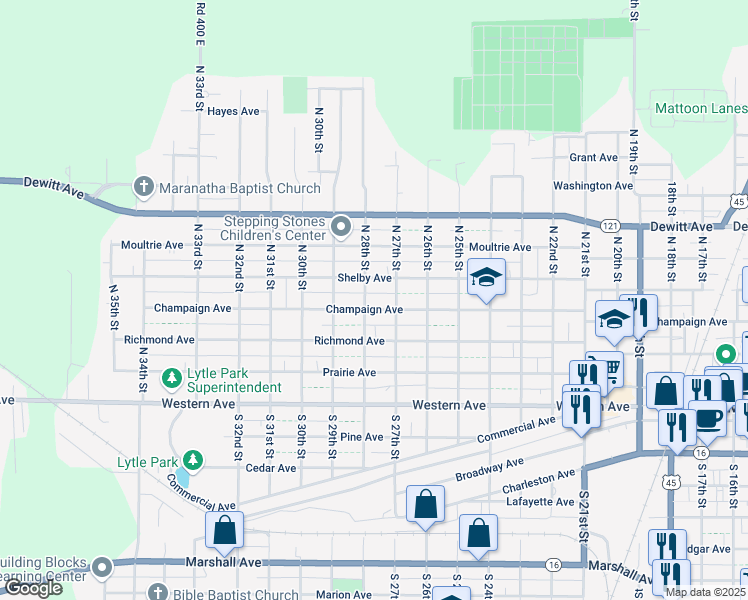 map of restaurants, bars, coffee shops, grocery stores, and more near 2709 Champaign Avenue in Mattoon