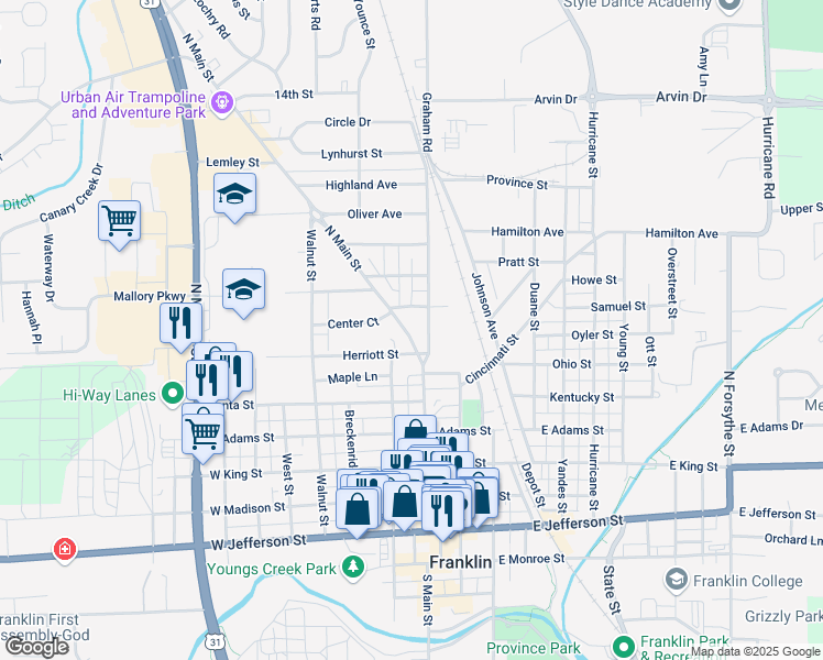 map of restaurants, bars, coffee shops, grocery stores, and more near 90 Herriott Street in Franklin