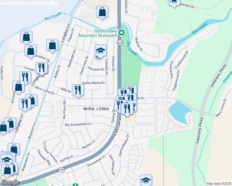 map of restaurants, bars, coffee shops, grocery stores, and more near 4470 Mira Loma Drive in Reno