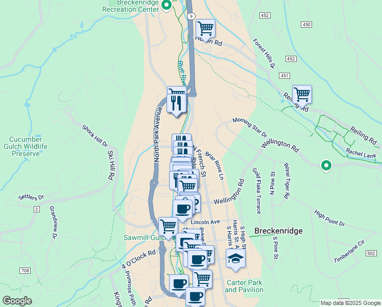map of restaurants, bars, coffee shops, grocery stores, and more near 318 North Main Street in Breckenridge