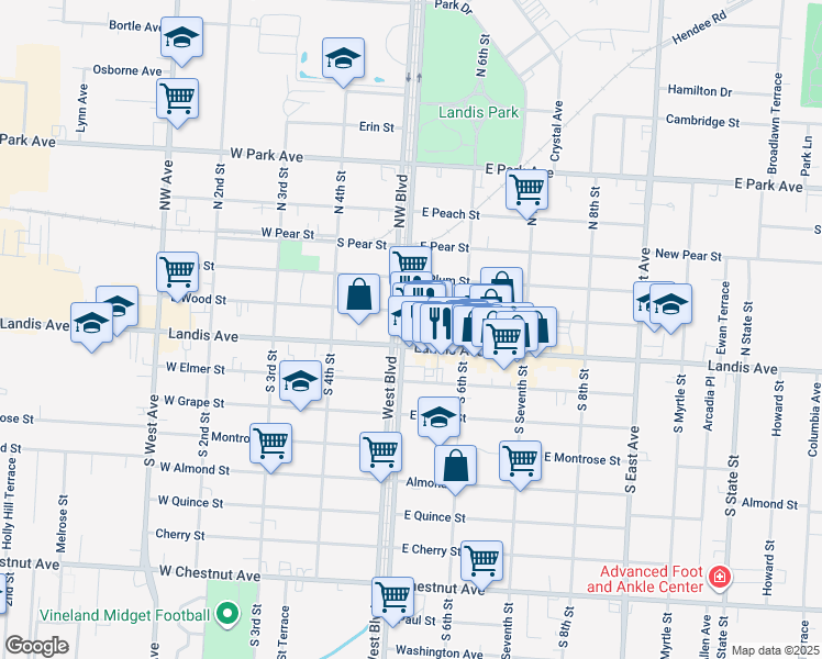 map of restaurants, bars, coffee shops, grocery stores, and more near in Vineland