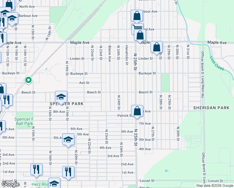 map of restaurants, bars, coffee shops, grocery stores, and more near 1701 North 24th Street in Terre Haute