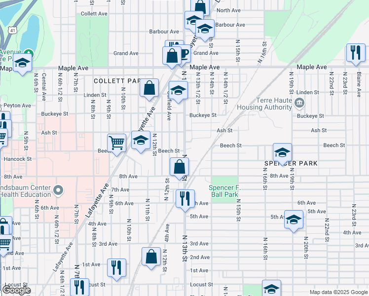 map of restaurants, bars, coffee shops, grocery stores, and more near 1300-1346 Plum Street in Terre Haute