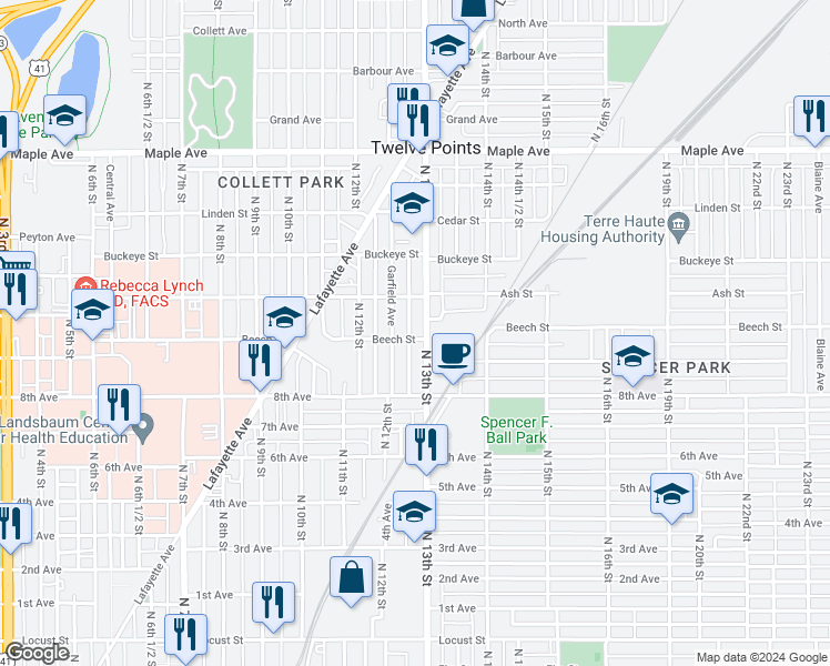 map of restaurants, bars, coffee shops, grocery stores, and more near 1300-1346 Plum Street in Terre Haute