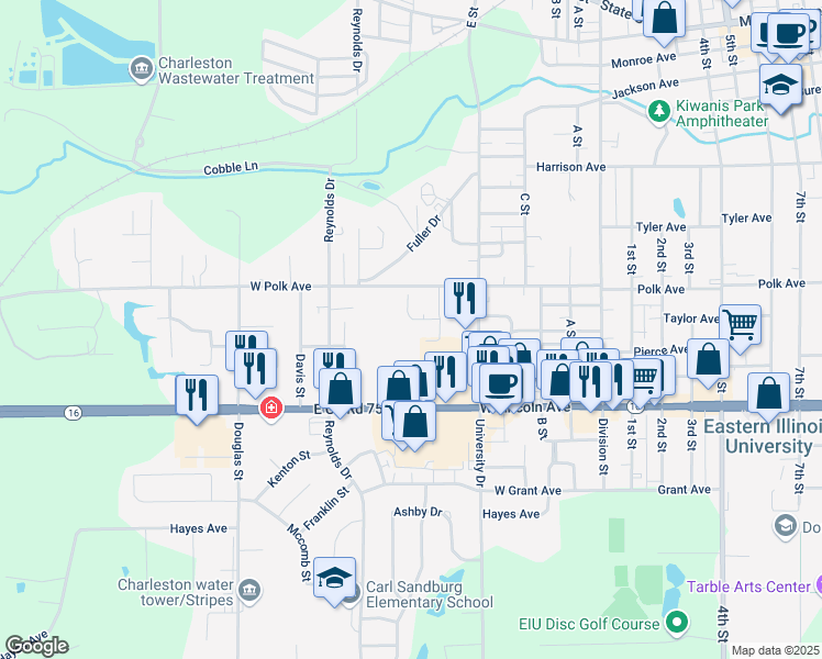 map of restaurants, bars, coffee shops, grocery stores, and more near 631 West Lincoln Avenue in Charleston