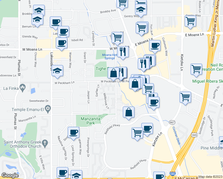 map of restaurants, bars, coffee shops, grocery stores, and more near 4009 Ruth Court in Reno