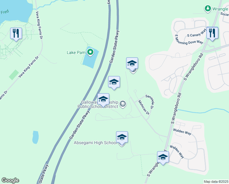 map of restaurants, bars, coffee shops, grocery stores, and more near 100 South Reeds Road in Galloway