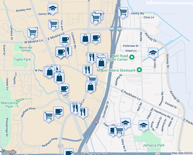 map of restaurants, bars, coffee shops, grocery stores, and more near 4002 Kietzke Lane in Reno
