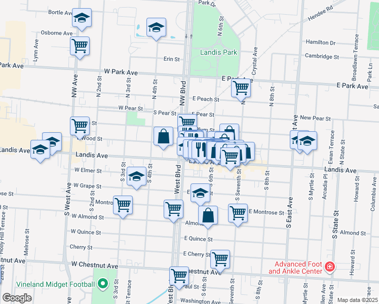 map of restaurants, bars, coffee shops, grocery stores, and more near in Vineland