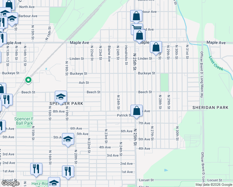 map of restaurants, bars, coffee shops, grocery stores, and more near 1701 North 24th Street in Terre Haute