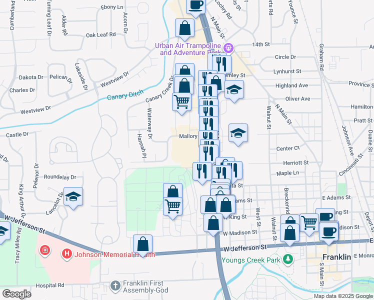 map of restaurants, bars, coffee shops, grocery stores, and more near 415 Mallory Parkway in Franklin