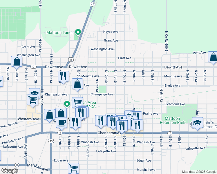 map of restaurants, bars, coffee shops, grocery stores, and more near 1104 Champaign Avenue in Mattoon