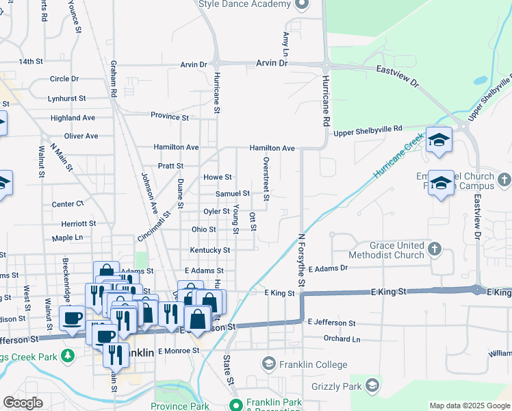 map of restaurants, bars, coffee shops, grocery stores, and more near 551 Ott Street in Franklin