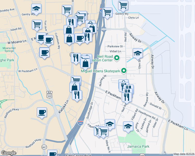 map of restaurants, bars, coffee shops, grocery stores, and more near 859 Nutmeg Place in Reno