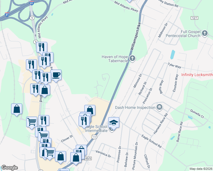 map of restaurants, bars, coffee shops, grocery stores, and more near 200 Roberts Drive in Martinsburg