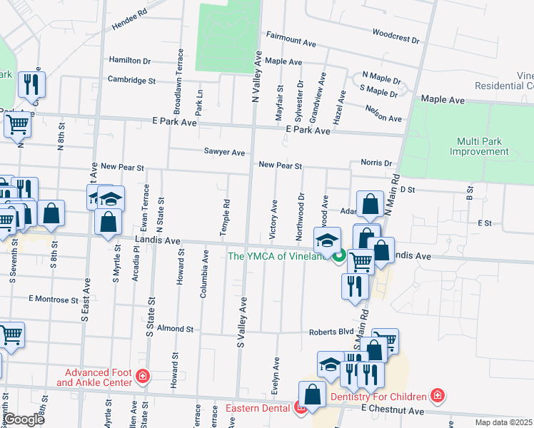 map of restaurants, bars, coffee shops, grocery stores, and more near 16 Victory Avenue in Vineland