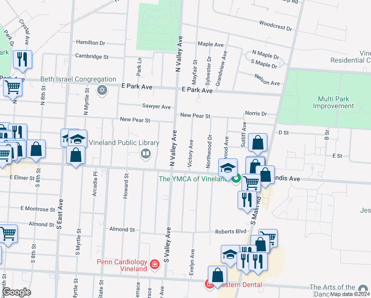 map of restaurants, bars, coffee shops, grocery stores, and more near 16 Victory Avenue in Vineland