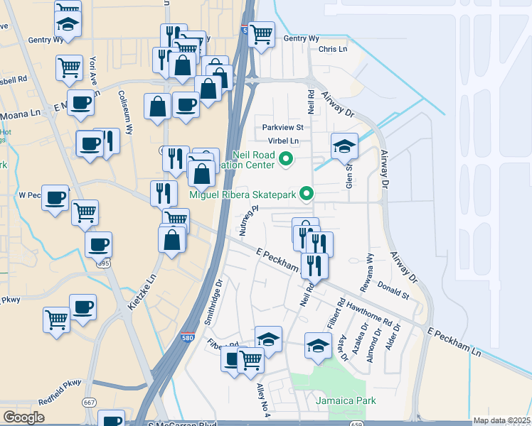 map of restaurants, bars, coffee shops, grocery stores, and more near 41 Nutmeg Place in Reno