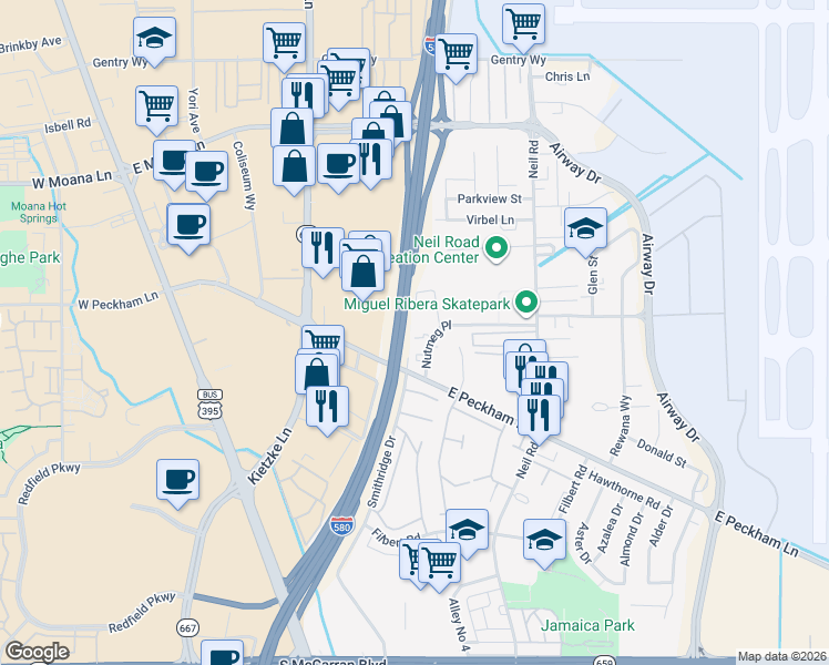 map of restaurants, bars, coffee shops, grocery stores, and more near 859 Nutmeg Place in Reno