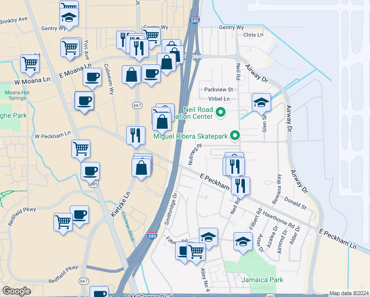 map of restaurants, bars, coffee shops, grocery stores, and more near 859 Nutmeg Place in Reno