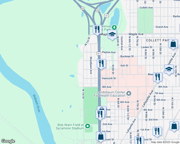 map of restaurants, bars, coffee shops, grocery stores, and more near 1734 Woodlawn Avenue in Terre Haute
