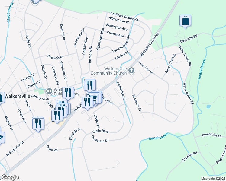 map of restaurants, bars, coffee shops, grocery stores, and more near 113 Savannah Court in Walkersville