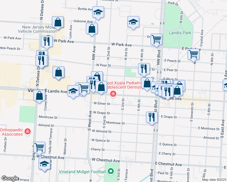 map of restaurants, bars, coffee shops, grocery stores, and more near 201 East Wood Street in Vineland