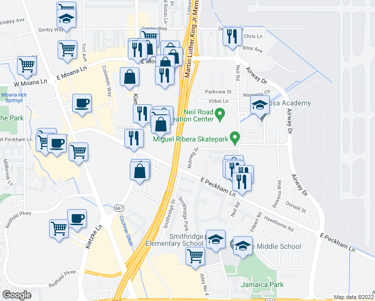 map of restaurants, bars, coffee shops, grocery stores, and more near 863 Nutmeg Place in Reno