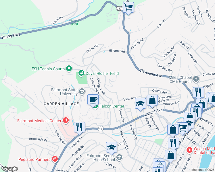 map of restaurants, bars, coffee shops, grocery stores, and more near 1241 Greenbrier Road in Fairmont