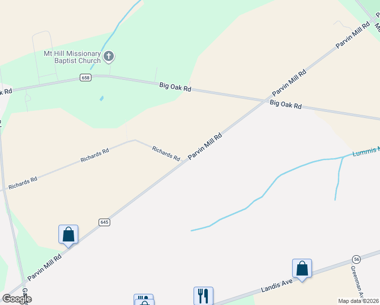 map of restaurants, bars, coffee shops, grocery stores, and more near 582 Parvin Mill Road in Bridgeton