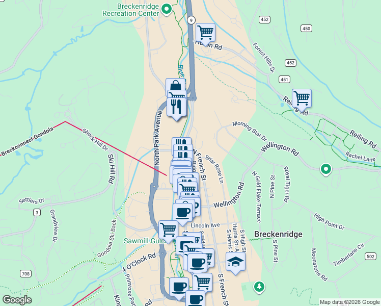 map of restaurants, bars, coffee shops, grocery stores, and more near 45 Luisa Drive in Breckenridge