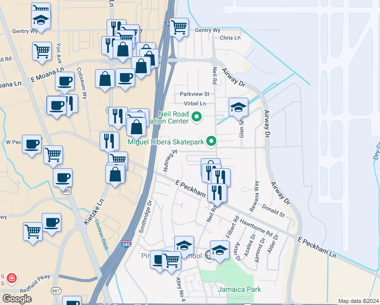map of restaurants, bars, coffee shops, grocery stores, and more near 41 Nutmeg Place in Reno