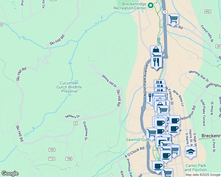 map of restaurants, bars, coffee shops, grocery stores, and more near 18 Wildcat Road in Breckenridge