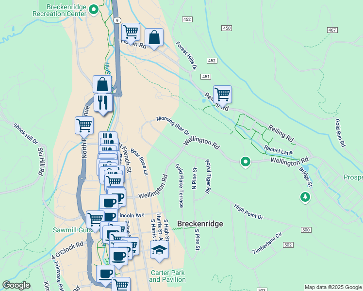 map of restaurants, bars, coffee shops, grocery stores, and more near 201 Morning Star Drive in Breckenridge