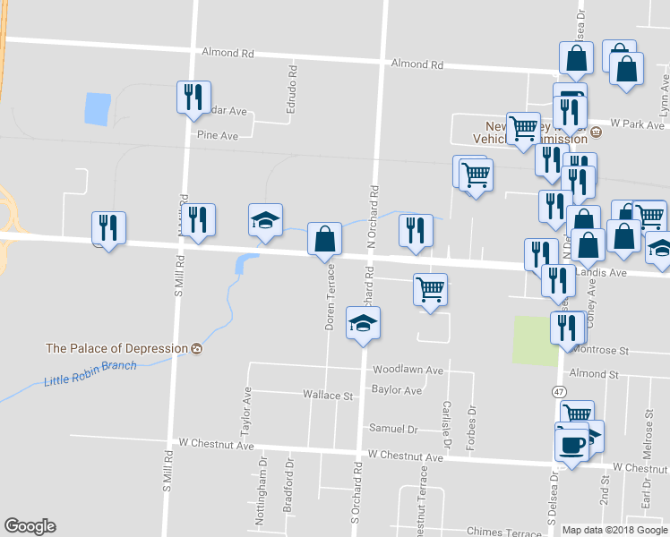 map of restaurants, bars, coffee shops, grocery stores, and more near 1499 West Landis Avenue in Vineland