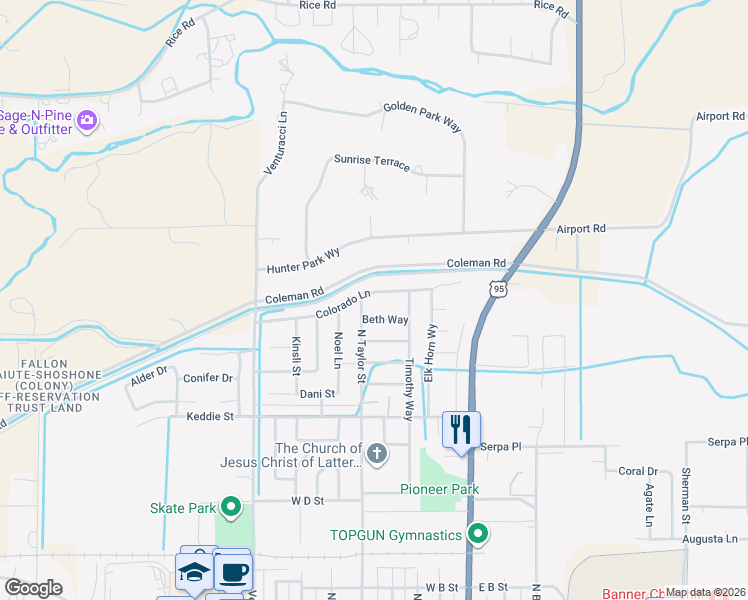 map of restaurants, bars, coffee shops, grocery stores, and more near 290 Colorado Lane in Fallon
