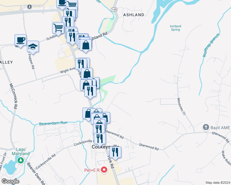 map of restaurants, bars, coffee shops, grocery stores, and more near 38 Cedar Knoll Road in Cockeysville