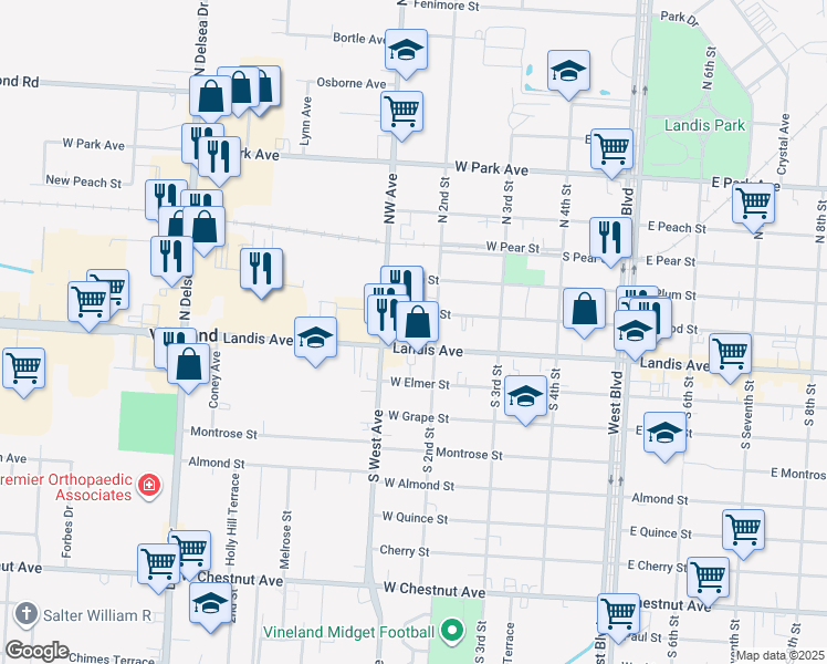 map of restaurants, bars, coffee shops, grocery stores, and more near 101 East Wood Street in Vineland