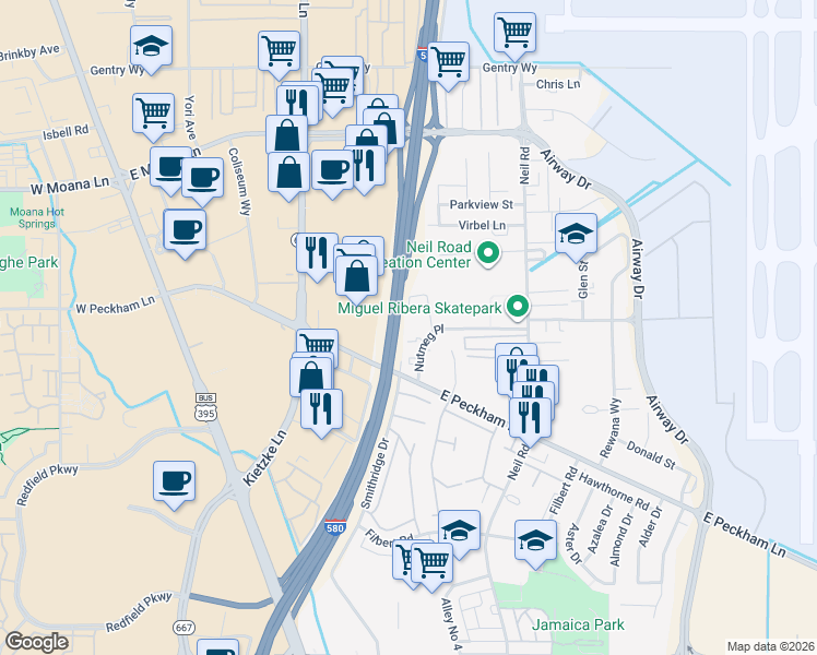 map of restaurants, bars, coffee shops, grocery stores, and more near 859 Nutmeg Place in Reno
