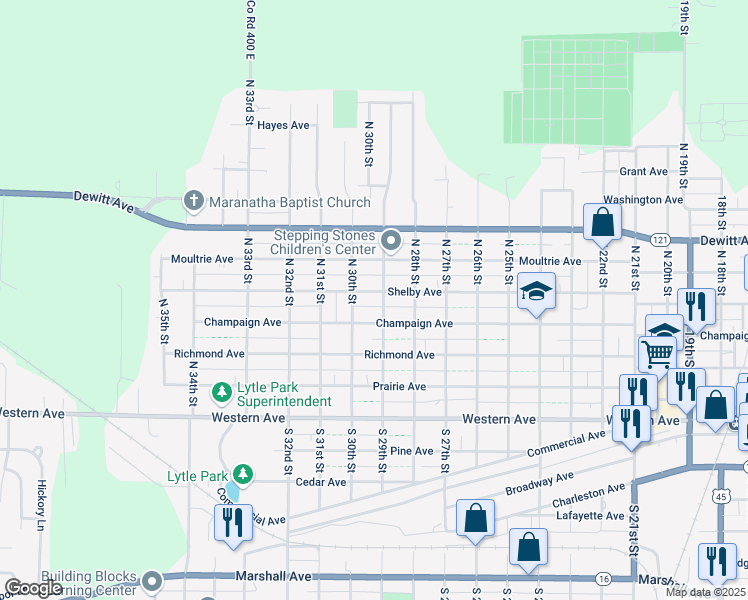 map of restaurants, bars, coffee shops, grocery stores, and more near 2900-2998 Shelby Ave in Mattoon