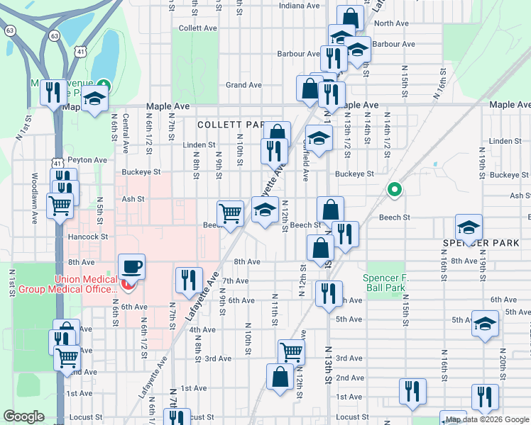 map of restaurants, bars, coffee shops, grocery stores, and more near 1001-1099 Lafayette Avenue in Terre Haute