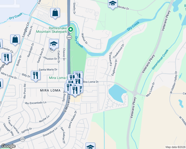 map of restaurants, bars, coffee shops, grocery stores, and more near 3218 Rose Vista Drive in Reno