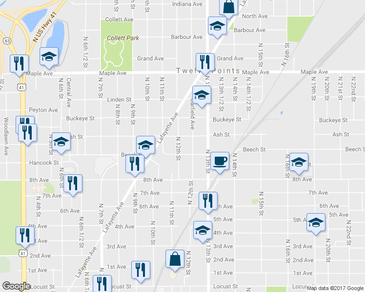 map of restaurants, bars, coffee shops, grocery stores, and more near 1738 North 12th Street in Terre Haute