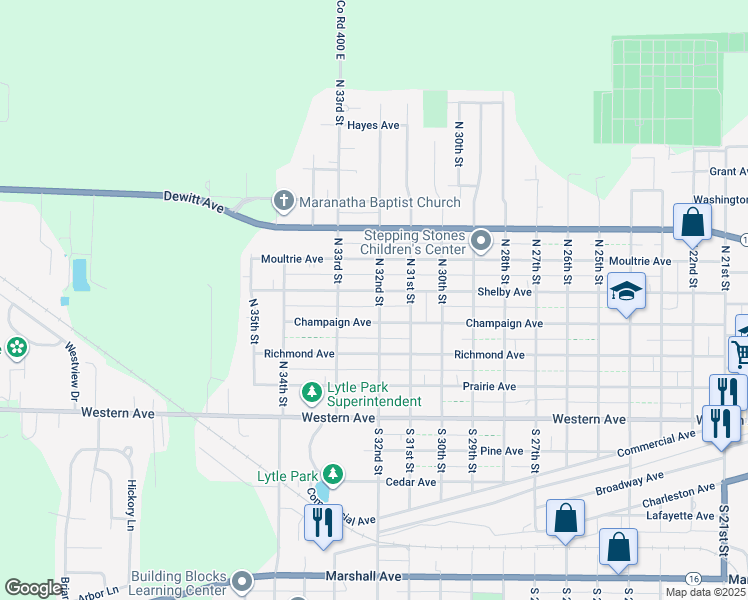 map of restaurants, bars, coffee shops, grocery stores, and more near 508 North 32nd Street in Mattoon