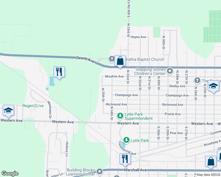 map of restaurants, bars, coffee shops, grocery stores, and more near 32 Westwood in Mattoon