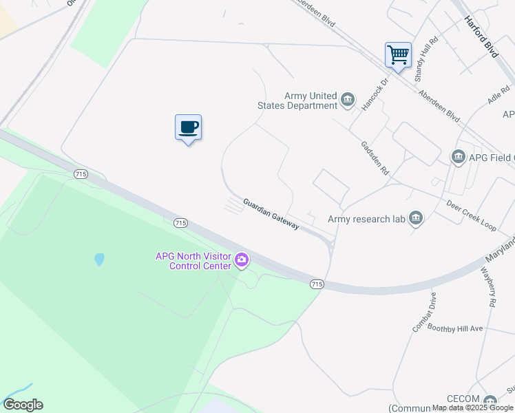 map of restaurants, bars, coffee shops, grocery stores, and more near Guardian Gateway in Aberdeen Proving Ground
