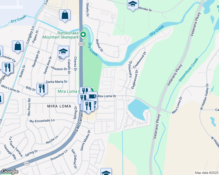 map of restaurants, bars, coffee shops, grocery stores, and more near 3218 Rose Vista Drive in Reno