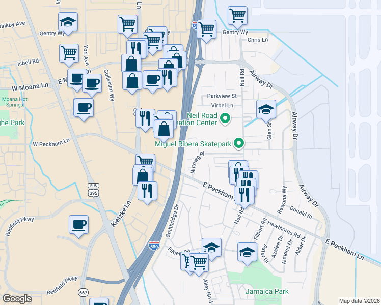map of restaurants, bars, coffee shops, grocery stores, and more near 859 Nutmeg Place in Reno