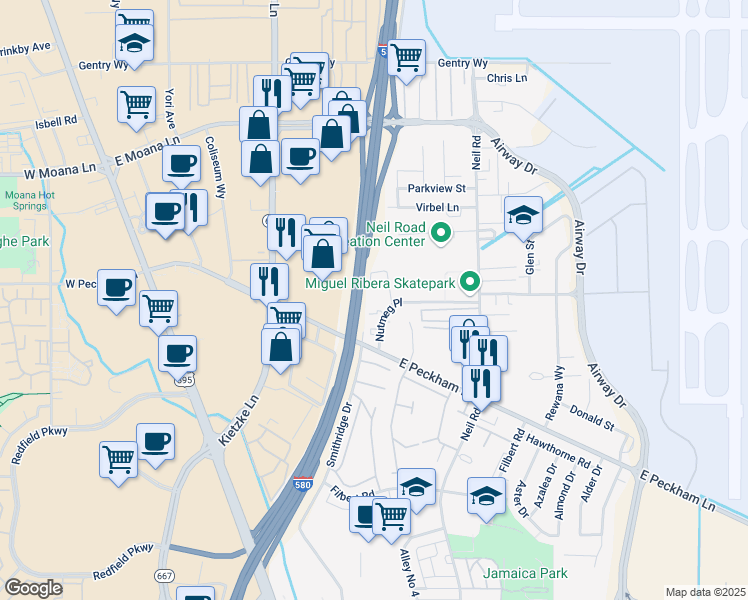 map of restaurants, bars, coffee shops, grocery stores, and more near 859 Nutmeg Place in Reno