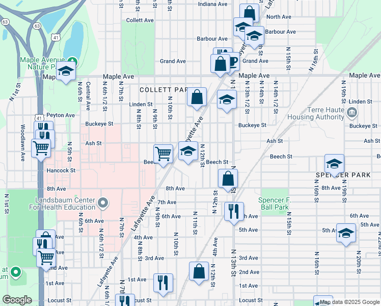 map of restaurants, bars, coffee shops, grocery stores, and more near 1001-1099 Lafayette Avenue in Terre Haute